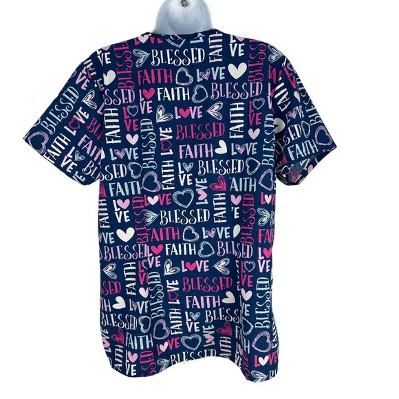 Divine Stretch Scrub Top Multi Love Faith Blessed Print V-Neck Short Sleeve M JD - Picture 3 of 12